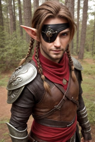 score_7_up, Realistic full photo, ((full body)), male elf, elven features, 40 yers old male elf, ((facial stubble)), toned, perfect eyes, green eyes, sunkissed skin, ((eyepatch covering her right eye)), brown and red hair tied back with braids, discret smile, dynamic, wearing brown and grey leather armor, background forest, holding a elfic knife, highly detailed, pose, photorealistic, sharp focus, Fantasy, eyepatch, Masterpiece