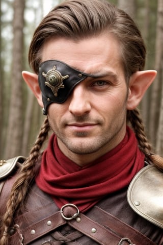score_7_up, Realistic full photo, ((full body)), male elf, elven features, 40 yers old male elf, ((facial stubble)), toned, perfect eyes, green eyes, sunkissed skin, ((eyepatch covering her right eye)), brown and red hair tied back with braids, discret smile, dynamic, wearing brown and grey leather armor, background forest path, riding a horse, highly detailed, pose, photorealistic, sharp focus, Fantasy, eyepatch, Masterpiece