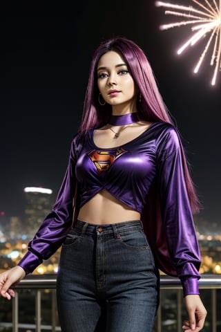 score_7_up, Realistic full photo, full body, Black haired woman, pink hair tones, purple hair tones, long hair, 18 years old, beautiful, makeup, elegant, neckless, earing, backgroud night city with lights, superhero outfit, sunglasses, levitating, ((levitating above ground)), pose, photorealistic,Tzuyu, 