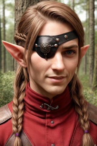 score_7_up, Realistic full photo, ((full body)), slender body, male elf, elven features, 40 yers old male elf, ((facial stubble)), toned, perfect eyes, green eyes, sunkissed skin, ((eyepatch covering right eye)), brown and red hair tied back with braids, smile, dynamic, wearing traveler outfit, illuminated fantasy forest, ((running)), highly detailed, pose, photorealistic, sharp focus, Fantasy, eyepatch, Masterpiece
