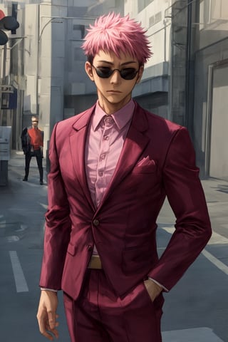 yuji itadori, alone, 1 boy, pink hair, short hair shaved on the sides, wearing 1 elegant pink suit, muscular, with sunglasses, 