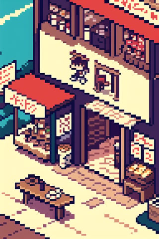 Pixel art, best quality, cafe, Japan, at morning,Pixel world, on the front, was in the village,pixelart