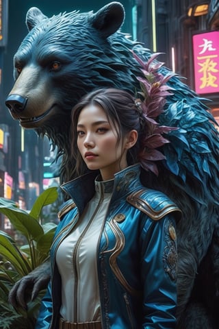 (best quality,4k,highres),(realistic,photorealistic:1.37),(Yoshitaka Amano style:1.1), A caucasian woman and her guardian familiar, mystical creature,otherworldly creature,kaiju-like,enchanting companions,wearing stylish futuristic clothes,inspired by Phantasy Star Online, dynamic poses, (The woman, with her eyes brightly colored, no makeup and her caucasian facial features elegantly detailed, adding to her allure. Dressed in elegant casual clothes with a stylish futuristic jacket.), (She is accompanied by a guardian, a bear and bat mixed creature with exquisite anatomical features resembling cosmic horrors. The creature's presence adds a sense of wonder and magic to the scene.),(The creature have multiple eyes and crystal skin), (The woman and her companion stand in a dark and bustling city, a modern metropolis with exotic plants, and vibrant signs. The colors are vibrant, with a mixture of dark blues, olive, and pale reds creating a dreamlike atmosphere.), (The lighting is soft but illuminating, casting a gentle glow on both the woman and the creature.), (The overall composition has a realistic and photorealistic quality, capturing the essence of the scene in intricate detail.), (The art style is inspired by Yoshitaka Amano, known for his ethereal and otherworldly illustrations. The combination of realistic elements with the artist's unique style creates a captivating and visually stunning image.),Greg Rutkowski