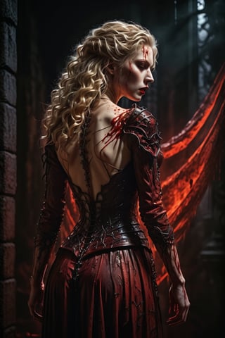 hyper realistic, 8k, award winning digital art, dark fantasy, dramatic lighting, full body shot, from the back, facing away, wide angle, back view, deep shadows, a vampiric goddess, extremely detailed skin, perfect blonde wavy hair, (A vampire goddess, she is using her supernatural powers to psychically manipulate blood, making the blood float around her), hemokinesis, (there are lots of blood strings floating around the environment, flowing towards the vampire goddess's hand), she is wearing a very intricate organic exoskeleton, (the goddess's lower body is vanishing, becoming black mist), the scene unfolds in a dungeon dimly illuminated by a red glow, earthen and olive hues, mystical energy, dramatic lighting, chiaroscuro, moody atmosphere, cinematic composition, Yoshitaka Amano style,greg rutkowski
