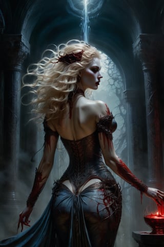 hyper realistic, 8k, award winning digital art, dark fantasy, dramatic lighting, full body shot, from the back, facing away, wide angle, back view, deep shadows, a vampiric goddess, extremely detailed skin, perfect blonde wavy hair, (A vampire goddess, she is using her supernatural powers to psychically manipulate blood, making the blood float around her), hemokinesis, (there are lots of blood strings floating around the environment, flowing towards the vampire goddess's hand), she is wearing a very intricate organic exoskeleton, (the goddess's lower body is vanishing, becoming black mist), the scene unfolds in a dungeon dimly illuminated by a red glow, pale blue and olive hues, mystical energy, dramatic lighting, chiaroscuro, moody atmosphere, cinematic composition, Yoshitaka Amano style,greg rutkowski,c1bo,cyborg style