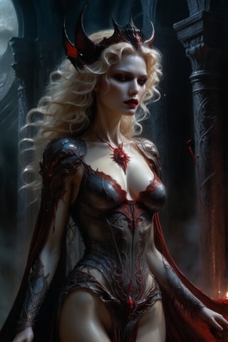 hyper realistic, 8k, award winning digital art, dark fantasy, dramatic lighting, full body shot, from the back, facing away, wide angle, back view, deep shadows, a vampiric goddess, extremely detailed skin, perfect blonde wavy hair, (A vampire goddess, she is using her supernatural powers to psychically manipulate blood, making the blood float around her), hemokinesis, (there are lots of blood strings floating around the environment, flowing towards the vampire goddess's hand), she is wearing a very intricate organic exoskeleton, (the goddess's lower body is vanishing, becoming black mist), the scene unfolds in a dungeon dimly illuminated by a red glow, pale blue and olive hues, mystical energy, dramatic lighting, chiaroscuro, moody atmosphere, cinematic composition, Yoshitaka Amano style,greg rutkowski,c1bo,cyborg style