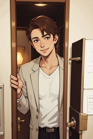 an image, at night, where we see a man
the man has short brown hair, shaved, smile, wearing a white shirt and a light gray blazer. , he wait front the close door, knoc-knoc, see behind
