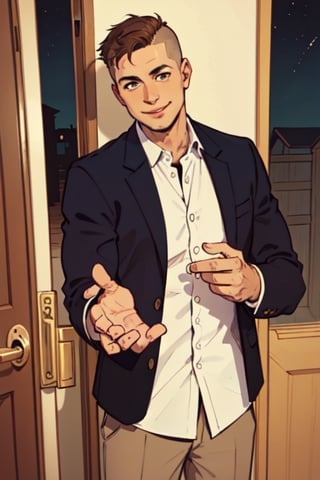 an image, at night, where we see a man
the man has short brown hair, shaved, smile, wearing a white shirt and a light gray blazer. , he wait front the close door, knoc-knoc, see behind
