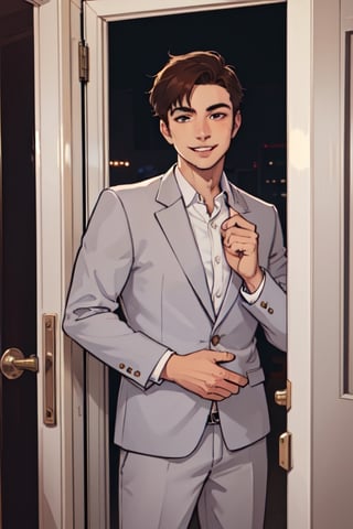 an image, at night, where we see a man
the man has short brown hair, shaved, smile, wearing a white shirt and a light gray blazer. , he wait front the close door, knoc-knoc, see behind
