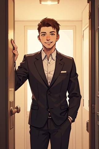 an image, at night, where we see a man
the man has short brown hair, shaved, smile, wearing a white shirt and a light gray blazer. , he wait front the close door, knoc-knoc, see behind
