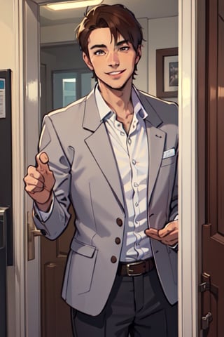 an image, at night, where we see a man
the man has short brown hair, shaved, smile, wearing a white shirt and a light gray blazer. , he wait front the close door, knoc-knoc, see behind
