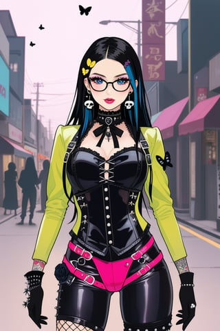 strap-on, strap, harness, 1girl, Catholicpunk aesthetic art, cute goth girl in a fusion of Japanese-inspired Gothic punk fashion, glasses, skulls, goth. black gloves, tight corset, black tie, punk, rave, incorporating traditional Japanese motifs and punk-inspired details,Emphasize the unique synthesis of styles, flowers, butterflies, score_9, score_8_up ,heavy makeup, earrings, Lolita Fashion Clothes, kawaii, hearts ,emo, kawaiitech, dollskill,c0l0urc0r3,goth gir