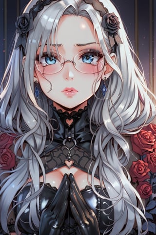 score_9,score_8_up,score_7_up,ClrSkt 1girl, solo, long black gloves, glasses, (((white hair))), (((middle aged woman))), catholic, emo, tears, elbow gloves, embarrassed, long gloves, hearts, long hair, solo, 2.5D, (masterpiece, best quality, ultra-detailed), (perfect hands, perfect anatomy), Highly detailed, High Quality, Masterpiece, beautiful, (((red roses))), red skin, High detailed, detailed eyes, huge body, enamel latex elbow gloves, latex clothes, latex thighhighboots,cleavage, latex elbow gloves, big_dominant, serious, stern, latex corset. High resolution, extremely detailed, atmospheric scene, masterpiece, best quality, 64k, high quality, (HDR), HQ , very detailed, beautiful and aesthetic, heavy makeup, earrings, (masterpiece, best quality, high resolution, ultra detail), ((skindentation)), bare shoulders, soft skin, perfectly explained gloved hands, perfectly explained arms, ClrSkt,Eyes,

BY ALT GOTH.