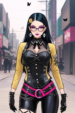 1girl, Catholicpunk aesthetic art, cute goth girl in a fusion of Japanese-inspired Gothic punk fashion, glasses, skulls, goth. black gloves, tight corset, black tie, harness, punk, rave, incorporating traditional Japanese motifs and punk-inspired details,Emphasize the unique synthesis of styles, flowers, butterflies, score_9, score_8_up ,heavy makeup, earrings, Lolita Fashion Clothes, kawaii, hearts ,emo, kawaiitech, dollskill,c0l0urc0r3,goth gir