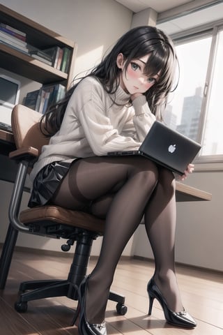A girl with black, long hair. She is wearing a white shirt, black skirt, high heels, and pantyhose. She’s sitting on a chair, kneeling, with her legs spread, revealing her pantyhose. She has her hand on her thigh and is wearing a sweater. She’s in an office, with a laptop on a desk, looking at the viewer, blushing. Full body shot, low angle shot.