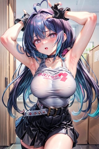 A female, only, sky blue hair, eyes with pink irises and heart-shaped pupils, black fingerless gloves, black and white Lift Hi All Star sneakers, black long buckle socks, short electric blue skirt, blush pink cheeks (anime), short white sleeveless T-shirt with a red check mark in the center, a black belt choker, 35% body fat.