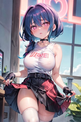 A female, only, sky blue hair, eyes with pink irises and heart-shaped pupils, black fingerless gloves, black and white Lift Hi All Star sneakers, black long buckle socks, short electric blue skirt, blush pink cheeks (anime), short white sleeveless T-shirt with a red check mark in the center, a black belt choker, 35% body fat.