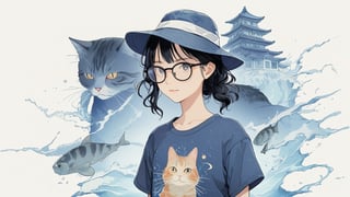 1girl,illustration,blue-tinted,black hair,detail cat t-shirt,Lightning shaped glasses,18 years old glasses woman,full body,fisherman's hat,Rebulia