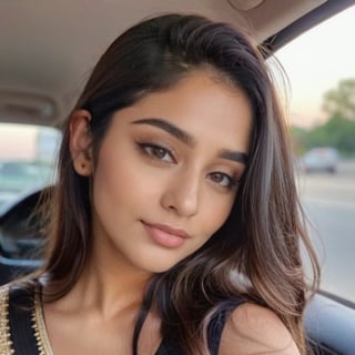 beautiful cute young attractive realistic Indian teenage girl, 18 years old, cute, Instagram model, long black hair, colorful hair, warm, dacing, in car ,Indian