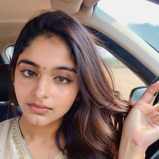 beautiful oute young attractive realistic Indian teenage girl, village girl, 18 years old, cute, Instagram model, long black hair, colorful hair, warm, dacing, in car,Indian