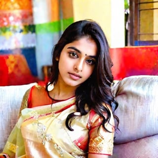 beautiful cute young attractive realistic Indian teenage girl, 18 years old, cute, Instagram model, long black hair, colorful hair, warm, dacing, in home sit as a sofa,Indian