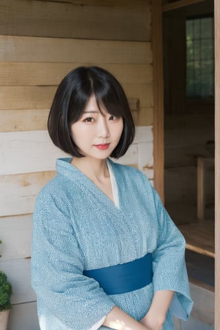 1woman, idol, bob cut, short hair, black hair, black eyes, ベッドルーム、ベッド、40代、housewife, mature woman, yukata, 四つん這い