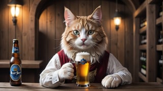 A funy cat portrait drnking beer in the baar