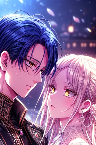 hd, high_resolution, complex_background, detailed eyes, man with blue eyes, eyes, hair wisps,forehead_jewel,couple_(romantic). a man with blue hair and blue hair and a woman with prim color hair with middleparted style and yellow eyes using victorian outfits with a lot of details, woman with forehead with no bangs 