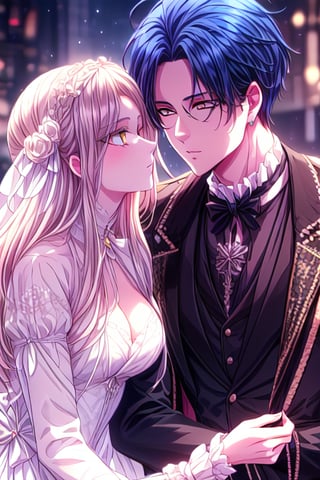 hd, high_resolution, complex_background, detailed eyes, man with blue eyes, eyes, hair wisps,forehead_jewel,couple_(romantic). a man with blue hair and blue hair and a woman with prim color hair with middleparted style and yellow eyes using victorian outfits with a lot of details, woman with forehead with no bangs 