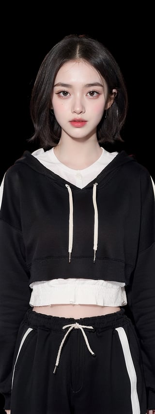 4k,best quality,masterpiece,18yo 1girl,(cropped sweatshirt),(demin pant), alluring smile, open hoodie,

(Beautiful and detailed eyes),
Detailed face, detailed eyes, double eyelids ,thin face, real hands, muscular fit body, semi visible abs, ((short hair with long locks:1.2)), black hair, black background,playground,white stockings


real person, lolita_fashion
