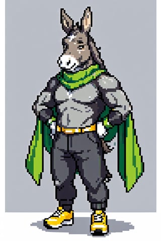 super donkey a anthropomorphic super hero, anthropomorphic Donkey with gray fur and long ears, green scarf, green wristbands, black sports pants and yellow sneakers, long donkey ears, 
