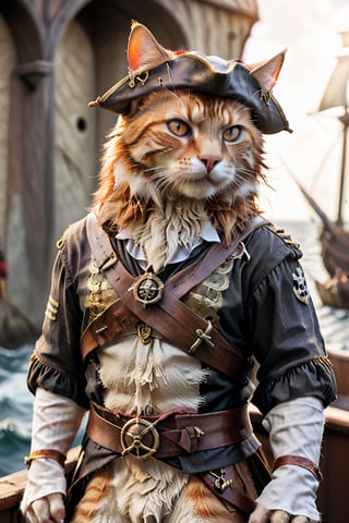 A swashbuckling feline commander, an orange tabby pirate captain stands at attention, proud and commanding. His whiskers bristle with authority, his eyes gleam with treasure-hunting zeal. Behind him, a flotilla of cat sailors, all dressed in miniature pirate attire, gaze up at their fearless leader with adoration. The warm sunlight casts a golden glow on the scene, highlighting the captain's majestic pose.