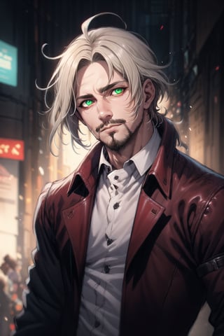 {best quality}, {{masterpiece}}, {highres},{an extremely delicate and beautiful},original, extremely detailed wallpaper,detailed face,anime,1man,cyberpunk,arrogant,Young,delicate,handsome,blonde hair,(short ponytail:0.7),(green eyes,glowing eyes:1.2),(mustache,soul patch:1.1),Brown leather coat,red tie,White shirt,(Medium long hair:0.8),centre parting, ,(dandelionW3_soul3142:0.2), upper body, facial hair, cowboy shot, depth of field, dutch angle, glint,Pointed and long ears,shullet,mullet_hair,nodf_lora,YAMATO