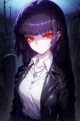 score_9, score_8_up, score_7_up, score_6_up, score_5_up, score_4_up,masterpiece,1 girl,sana sunomiya,sana sunomiya, bangs, (Dark purple hair,Diamond necklace:1.1),  red eyes, hime cut, ringed eyes, shirt, ,long sleeves, Black leather jacket,White shirt,necklace,Collared shirt ,empty eyes,disdain,Pointed and long ears,Glowing eyes,Graveyard background,looking at viewer,