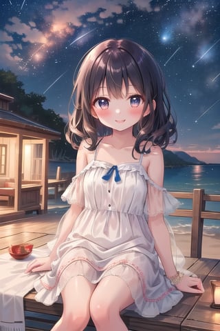 A serene beach scene at night, with a 25-year-old girl sitting amidst the tranquility. Her little cheeks and cute smile radiate warmth as she gazes directly at the viewer. The sundress flows gently in the evening breeze, while shooting stars twinkle above, illuminating her joyful expression.