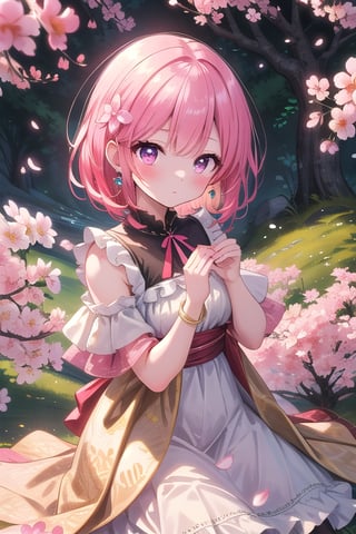 Girl in abstract frilled dress and jewelry poses amidst a cherry blossom tree. The left hand's orchid fingers delicately grasp a branch adorned with vibrant pink blooms, while the right hand's fingers softly pinch the left sleeve. The soft focus background blurs the tree's trunk and surrounding foliage, emphasizing the subject's intimate connection with nature.(masterpiece:1.4), Best Quality, 16k, ultra-detailed, finely detailed, high resolution, perfect dynamic composition ,detailed eyes, detailed background ,depth of fields ,perfect proportion ,hyperdetailing skin, cinematic lighting, 