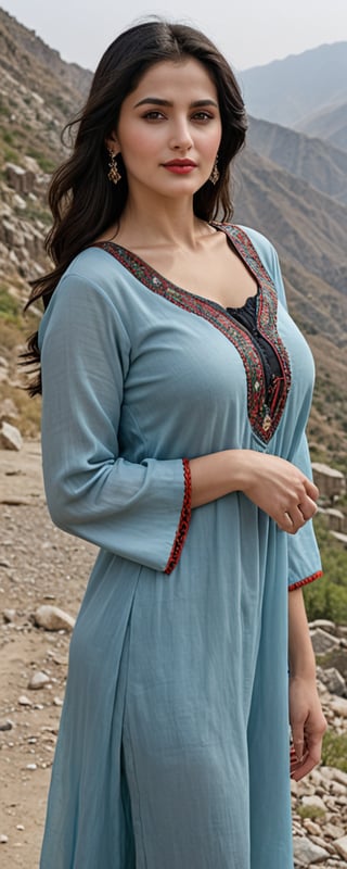 (masterpiece, best quality, ultra-detailed, 8K),high detail, realisitc detailed,
a beautiful young mature afghan women slight fat body with long flowy black hair over shoulders in the dark, kurta shalwar outfits,   blue eyes, pale soft skin, kind smile, glossy lips, a serene and contemplative mood, setting on the top of the mountain, some people walking in the street. making Victory Hand Gesture,red lips,hd makeup,(gigantic breast),b34n bodysuit,Gigantic breasts
