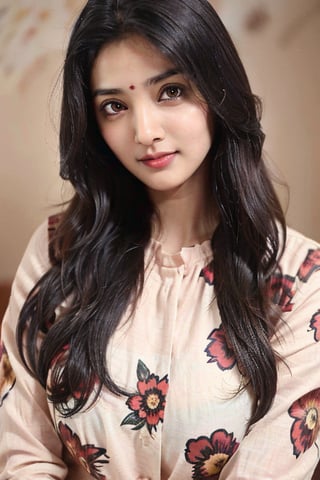 Generate an image of a young indian girl with long dark hair, large expressive eyes, and a soft, clear complexion. She should be wearing a light floral-patterned blouse and have a calm, neutral expression. The background should be simple and neutral to keep the focus on her face."
