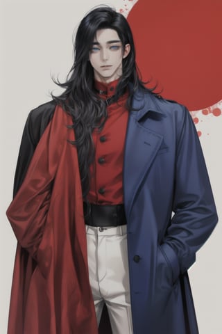A man with red black hair, blue eyes, 1.80 cm tall