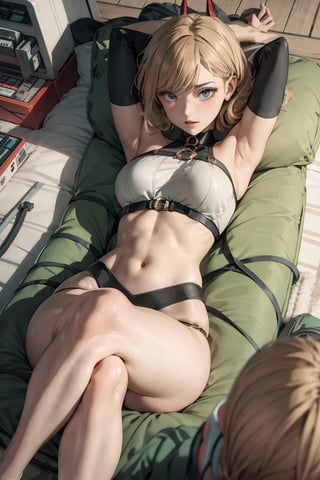 A graphic scene of feeling and passion: Power Girl, the iconic anime superhero (CHAINSAW), with her usual daring short yin outfit with a short pink shirt, blonde hair and with her characteristic red horns. Power Girl's eyes, usually bright and confident, are lit and alive, a stark contrast to the passion that surrounds her. detailed background, lying down, (medium short shot),green theme,power_csm,无