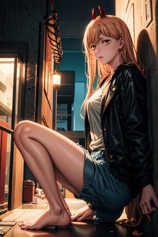 girl, blonde hair, beautiful, detailed background, (medium short shot), short white shirt, shorts, no shoes, long hair, yellow eyes, alone, on top of a building,red horns, at night,highly detailed.,Power/Chainsaw,muscle mommy,Red horns,ghostrider,Futuristic room,makima (chainsaw man),power_chainsawman,power_csm