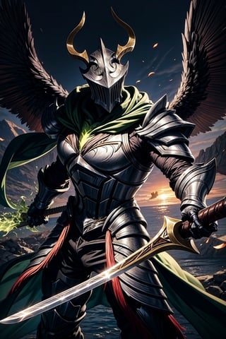 Boy,attractive,green armor,two horns,gray-green mask,two wings,highly detailed,single,clawed,sword with green fire,detailed background