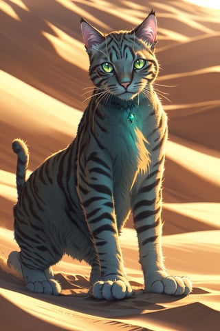 A majestic feline poses against a warm, sandy dune backdrop, its piercing green eyes fixed intently on something in the distance. The cat's fur shines like polished sapphires, with subtle blue undertones catching the soft, golden light of the setting sun. The framing is tight, focusing attention on the cat's regal demeanor and striking gaze.,Detail,finger frame