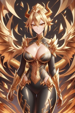 Masterpiece, sharp focus, perfect composition, hyper detailed, correct anatomy, Wild mature female anthropomorphic dragon, covered in scales, dragon scales, golden themed, dragon wings and tail, dragon, wearing extremely fancy armor, only singular horn from the middle of her forehead, fierce, serious, medium chest size, standing in a vault of gold,midasmagic