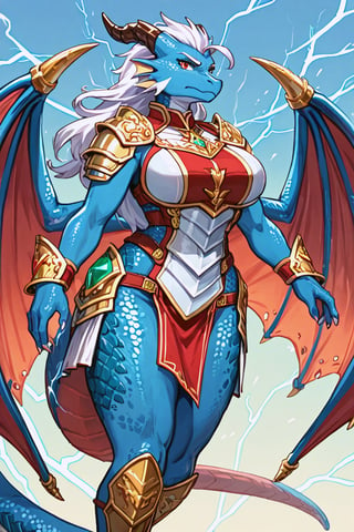 (score 9, score 8 up, score_7_up), {Masterpiece, Hyper detailed, perfect composition, sharp focus}, Wild mature female anthropomorphic dragon, covered in scales, deep blue scales, lightning themed, electric dragon, wearing extremely fancy armor, dragon horns, dragon wings, fierce, serious, short wild white hair