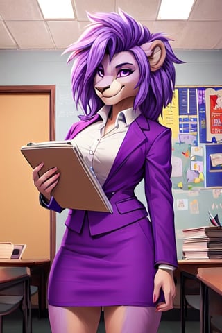 masterpiece, sharp focus, perfect composition, hyper detailed, 4k, a lion woman with purple fur, purple eyes. in a suit and pencil skirt, at a school with a clipboard, soft smile