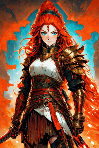a greecian female warrior, covered with armor and bloodshed, long red orange hair, cyan green eyes, a warrior spirit, Athena's wisdom