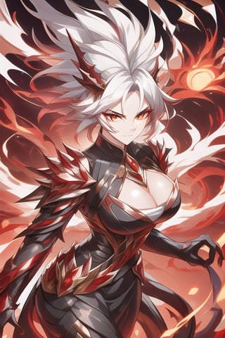 Wild mature female anthropomorphic dragon, covered in scales,  dragon scales, fire themed,  dragon, wearing extremely fancy armor, only singular horn from the middle of her forehead, fierce, serious,  short wild white hair
