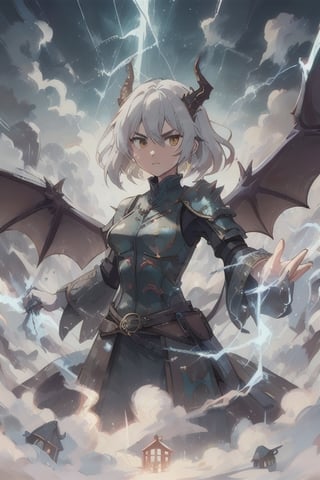 Prompt Wild mature female anthropomorphic dragon, covered in scales, scales, lightning themed, electric dragon, wearing extremely fancy armor, dragon horns, dragon wings, fierce, serious, short wild white hair