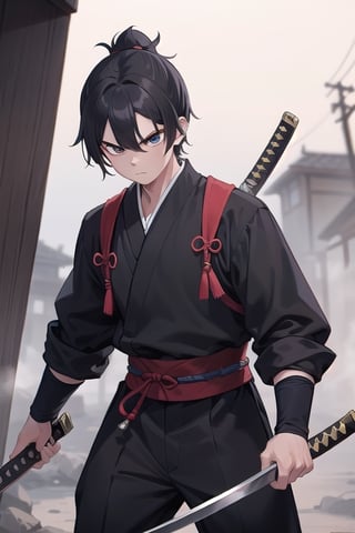 A determined young ninja wearing traditional black attire and wielding his katana, with a resolute gaze as he embarks on a perilous adventure to find his missing father.